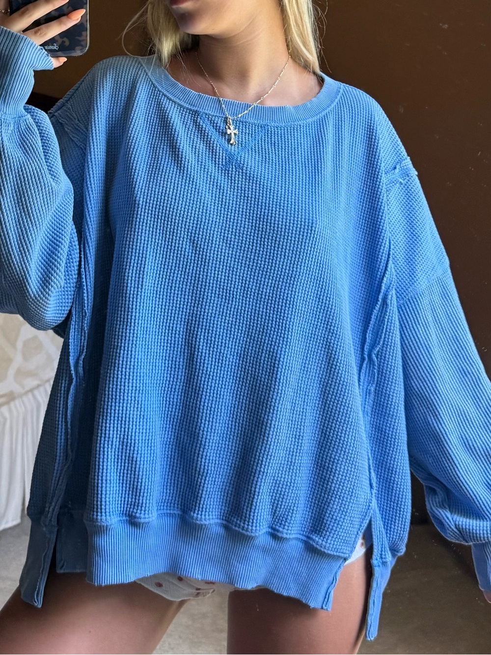 aerie Oversized Blue Waffle Long Sleeve Top